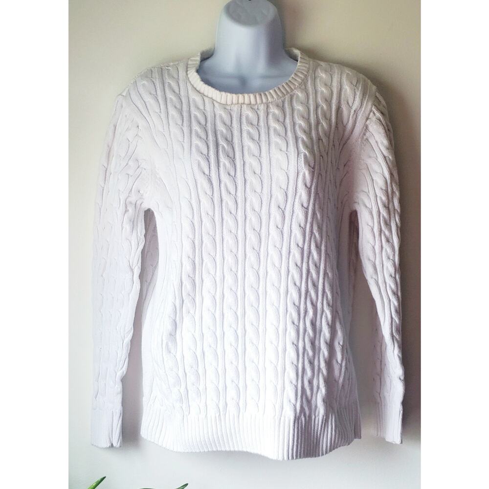 Iconic Sport Womens White Cable Knit Cotton Sweater Size Medium Cabincore Preppy